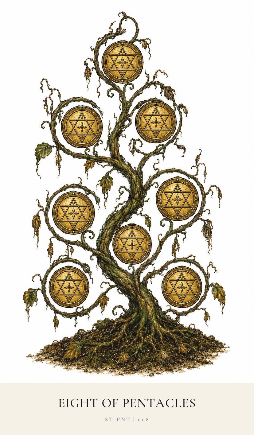 Eight of Pentacles tarot card from the Simply Tarot deck