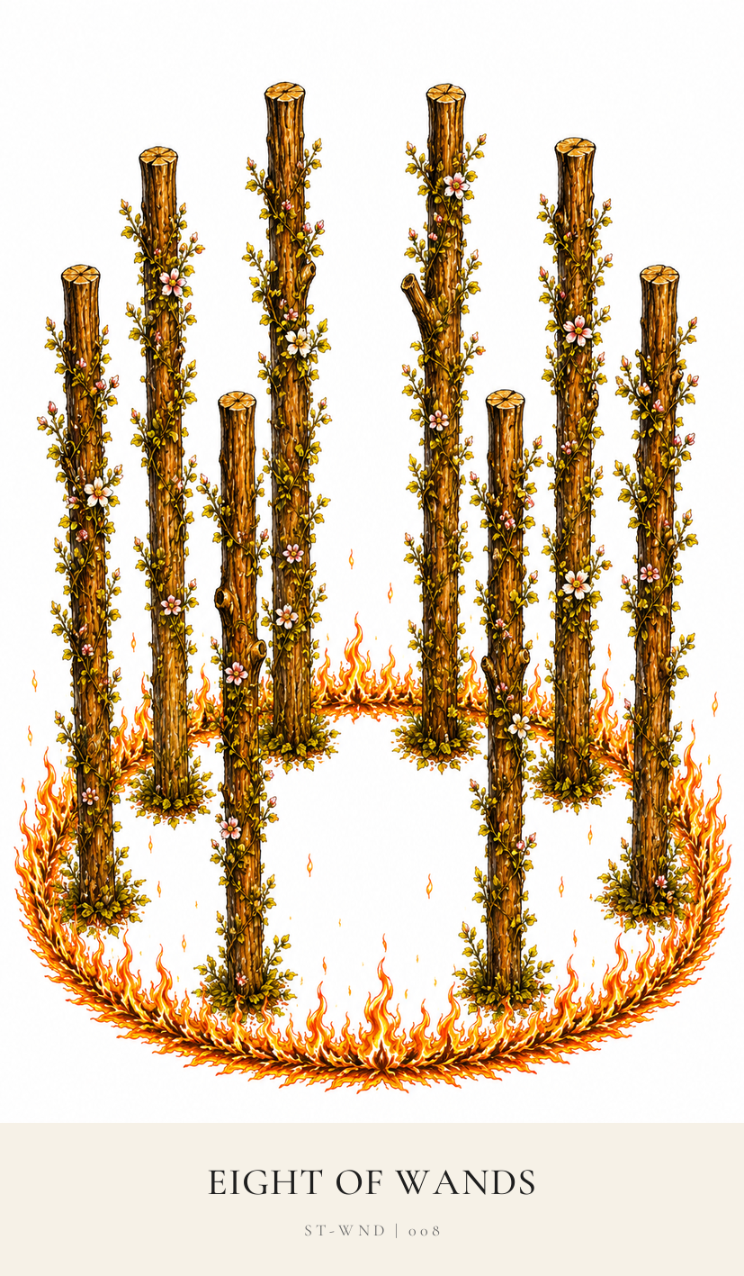 Eight of Wands tarot card from the Simply Tarot deck
