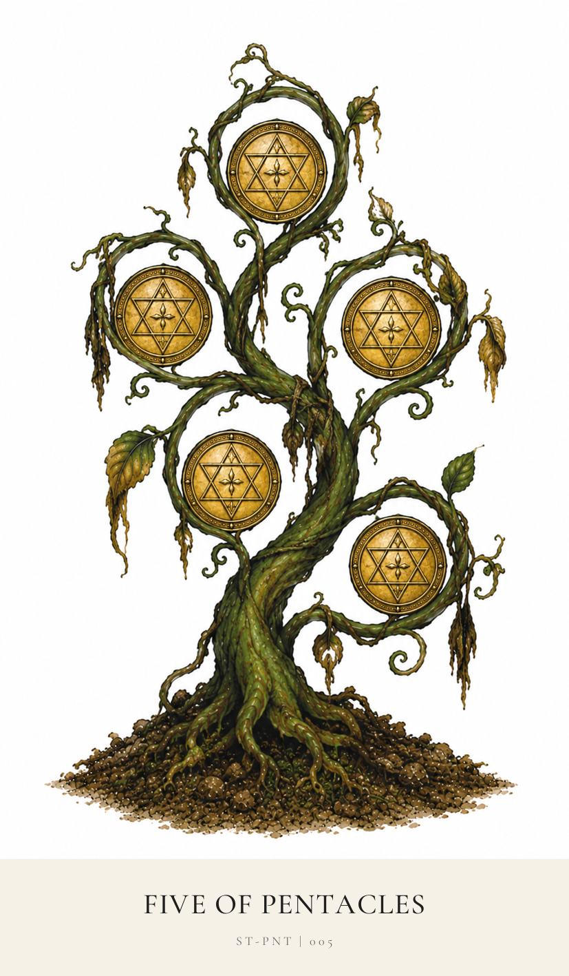 Five of Pentacles tarot card from the Simply Tarot deck