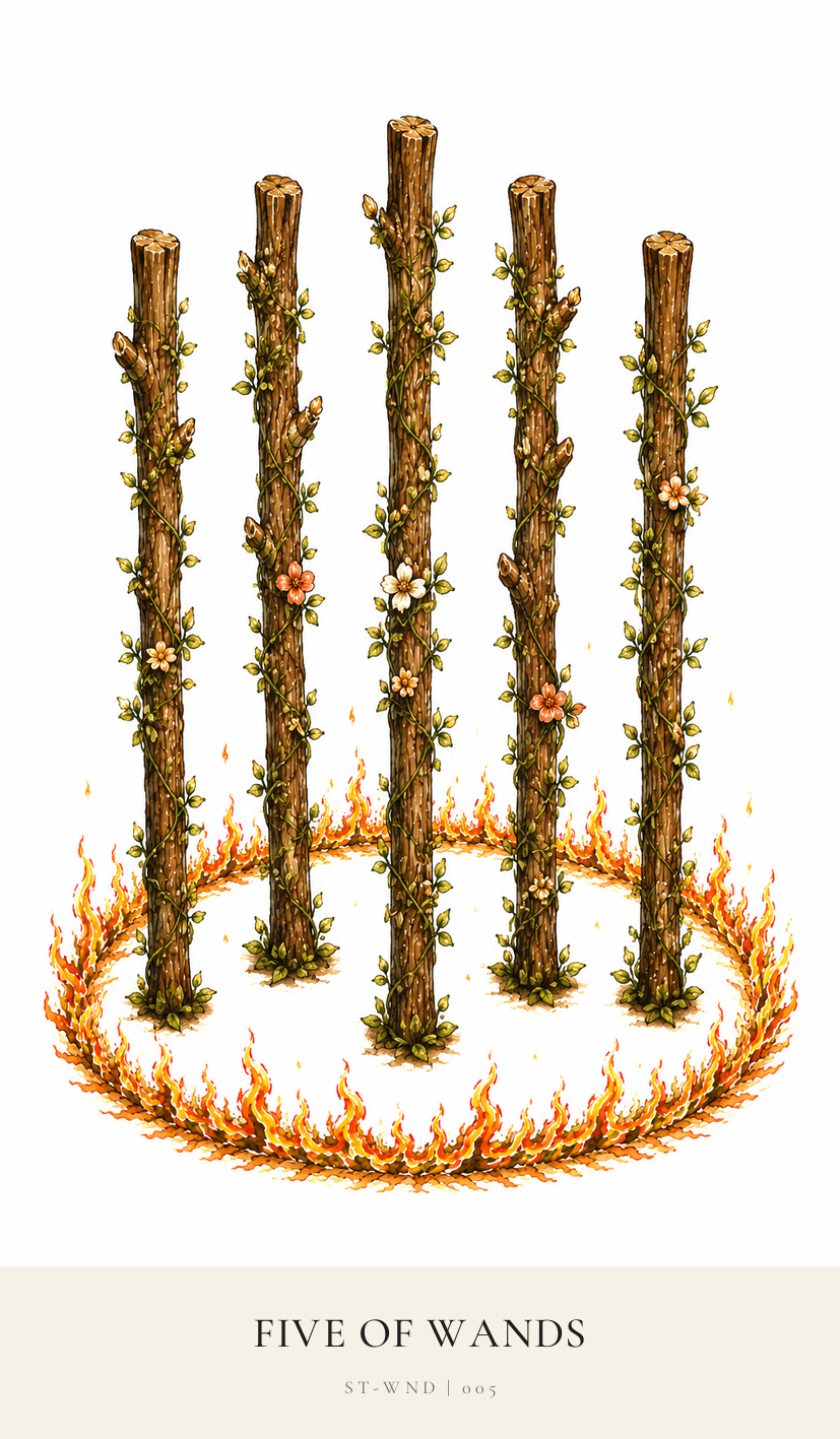 Five of Wands tarot card from the Simply Tarot deck
