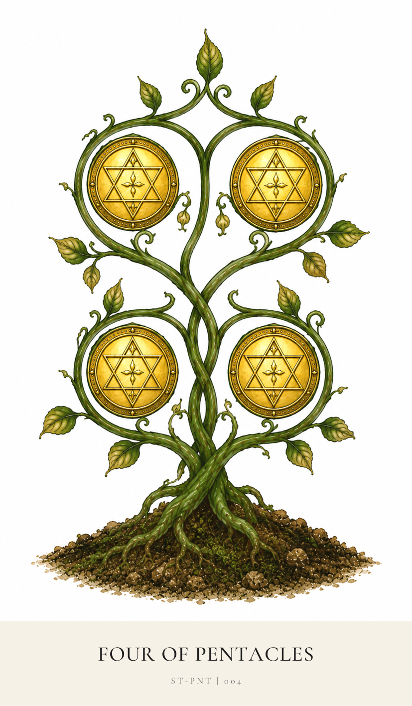 Four of Pentacles tarot card from the Simply Tarot deck