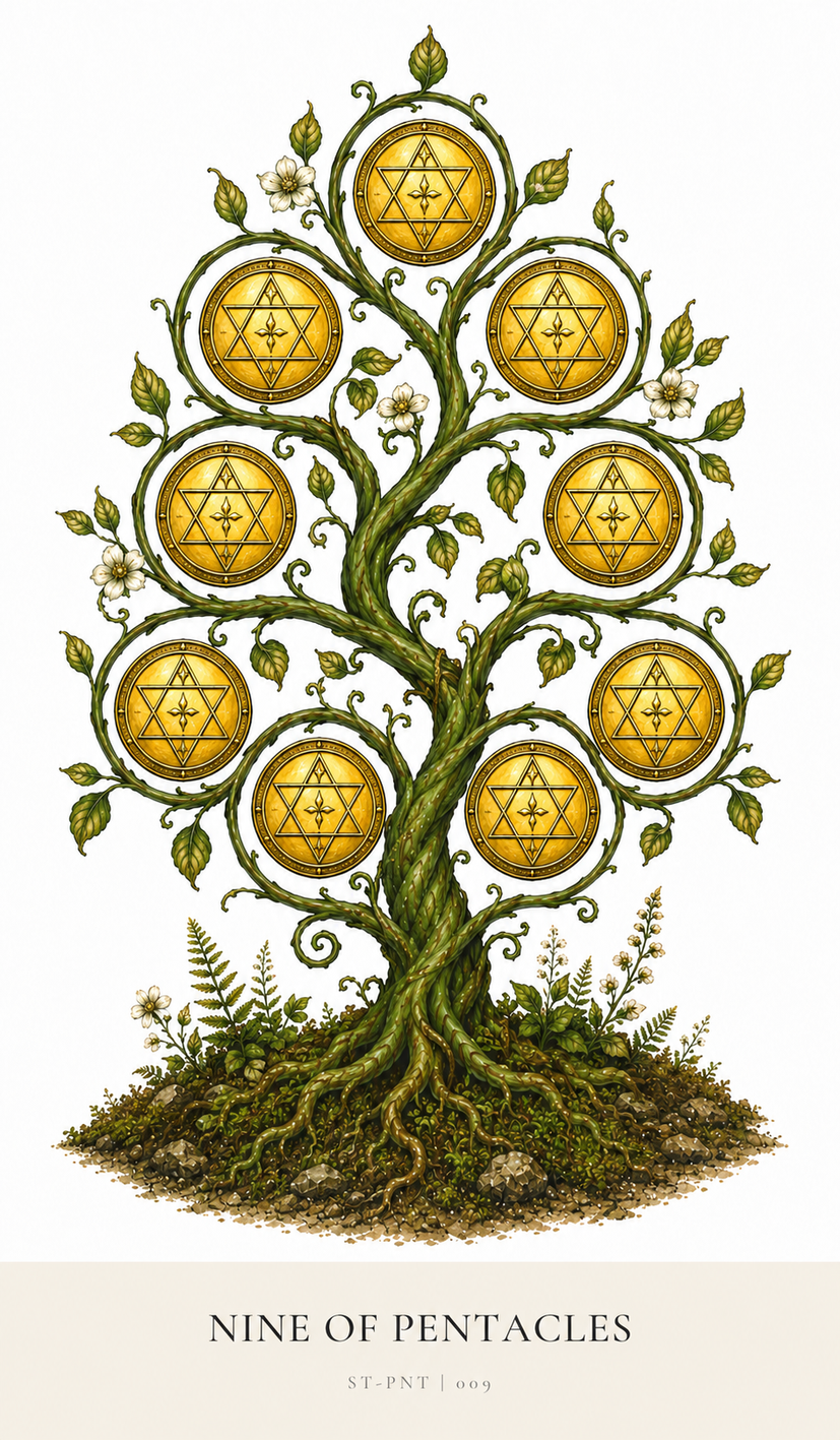 Nine of Pentacles tarot card from the Simply Tarot deck