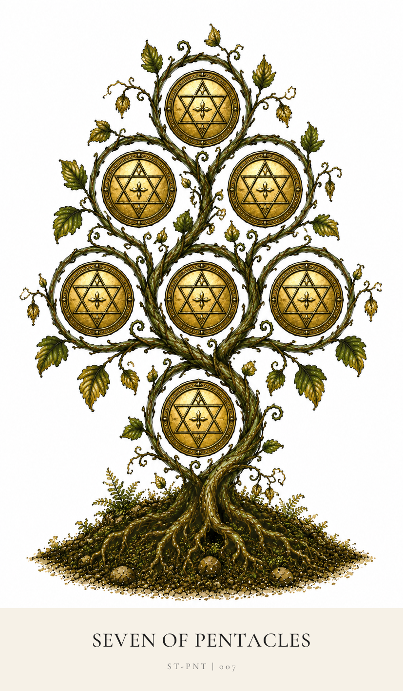 Seven of Pentacles tarot card from the Simply Tarot deck