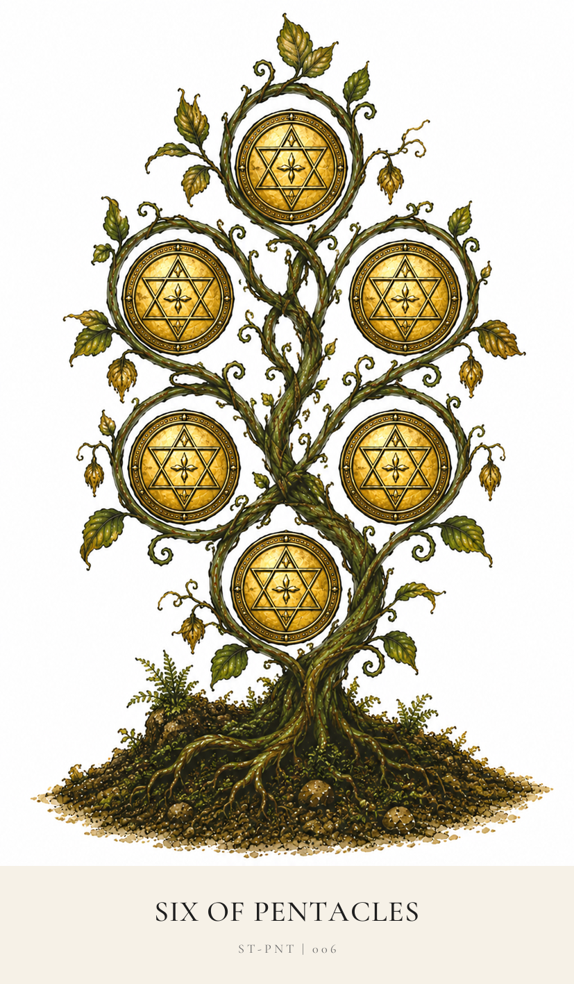 Six of Pentacles tarot card from the Simply Tarot deck