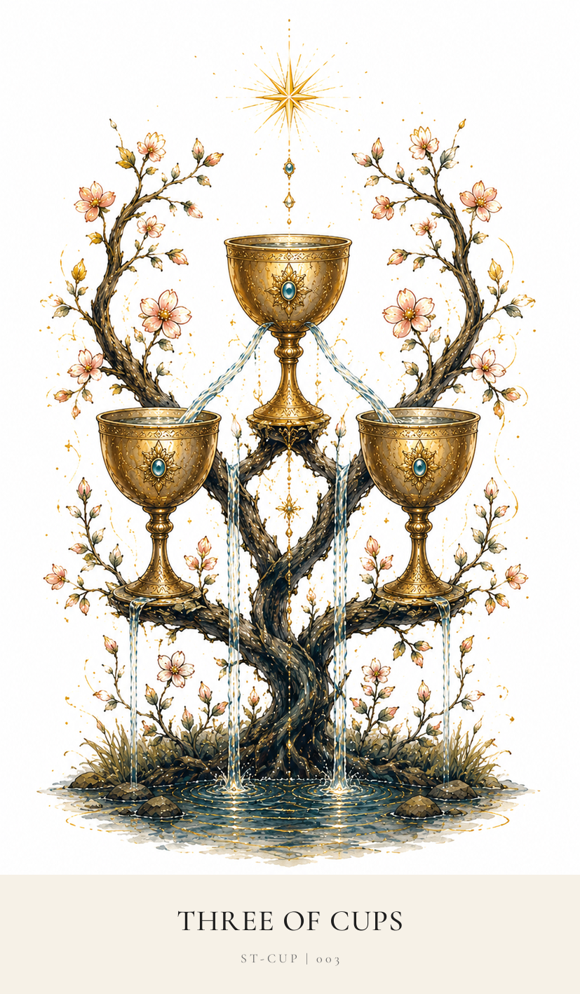 Three of Cups tarot card from the Simply Tarot deck