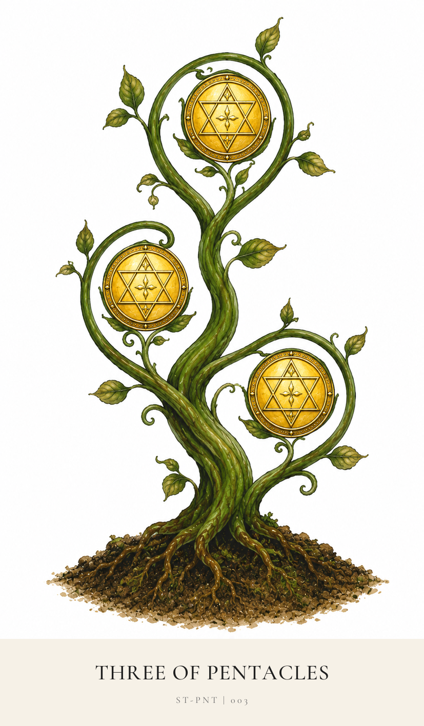 Three of Pentacles tarot card from the Simply Tarot deck