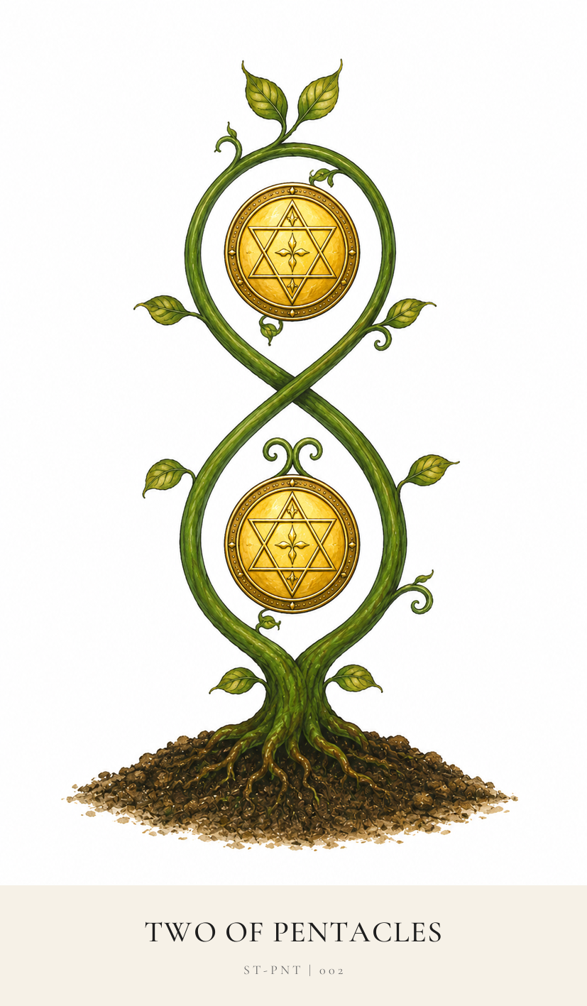 Two of Pentacles tarot card from the Simply Tarot deck
